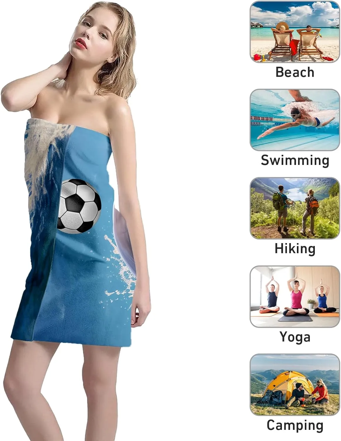 Custom Name Beach Towel - Personalized Dolphin Playing Soccer Design - Oversized Soft Absorbent Microfiber Bath Pool Towels for Kids Adults Boy Girl Beach Blanket Essentials with Storage Bag
