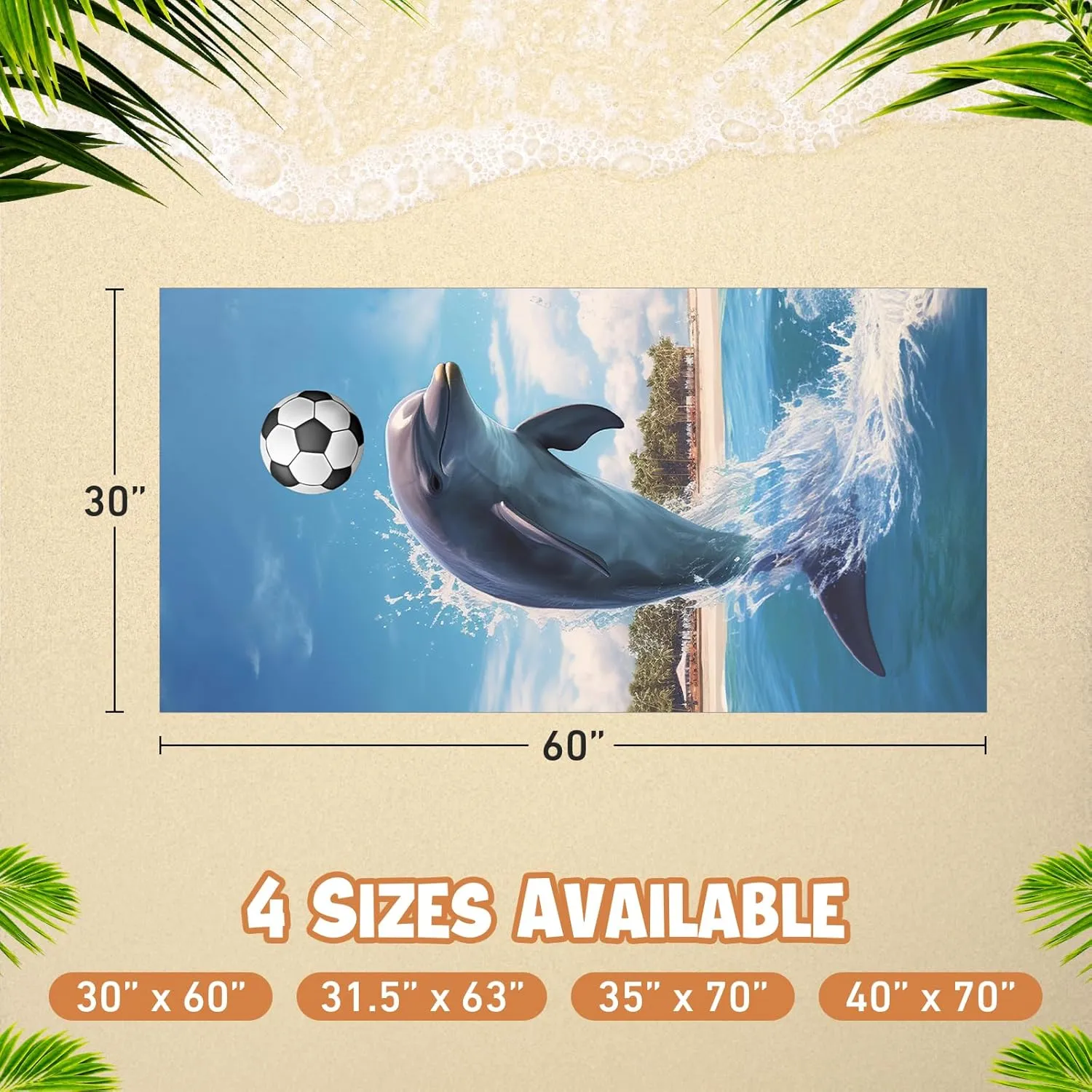 Custom Name Beach Towel - Personalized Dolphin Playing Soccer Design - Oversized Soft Absorbent Microfiber Bath Pool Towels for Kids Adults Boy Girl Beach Blanket Essentials with Storage Bag