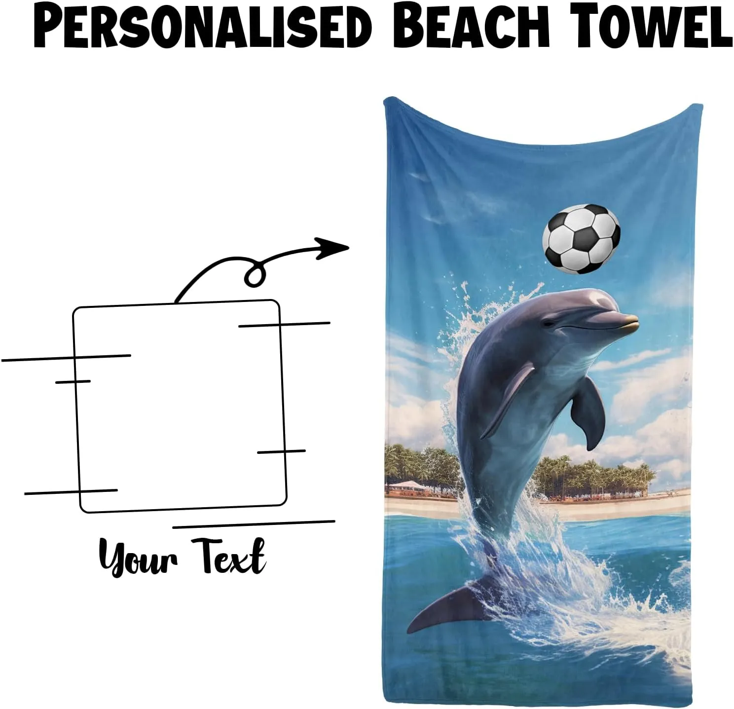 Custom Name Beach Towel - Personalized Dolphin Playing Soccer Design - Oversized Soft Absorbent Microfiber Bath Pool Towels for Kids Adults Boy Girl Beach Blanket Essentials with Storage Bag