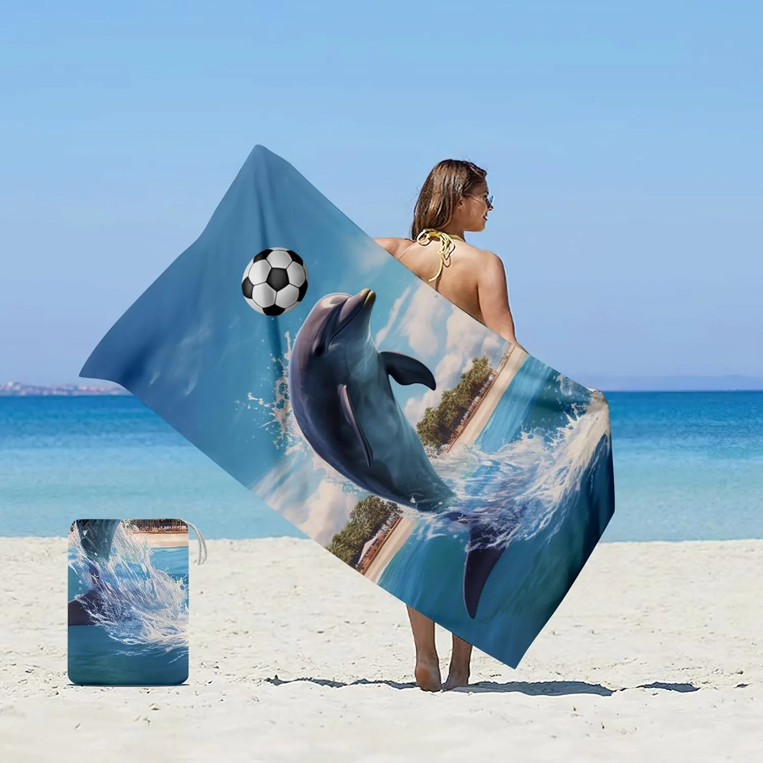 Custom Name Beach Towel - Personalized Dolphin Playing Soccer Design - Oversized Soft Absorbent Microfiber Bath Pool Towels for Kids Adults Boy Girl Beach Blanket Essentials with Storage Bag