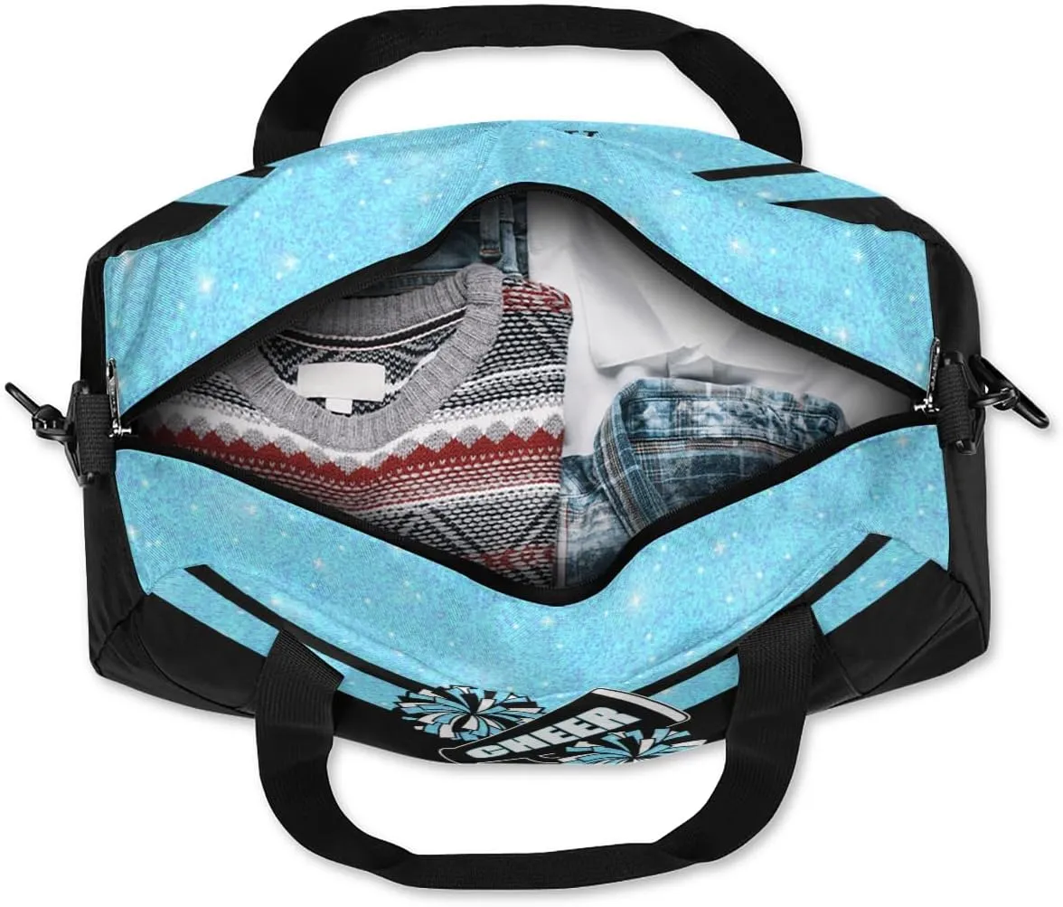 Custom Name Kids Duffel Bags for Girls Personalized Dance Gym Bag Customized Overnight Duffel Bag for Weekender Blue Glitter Cheer