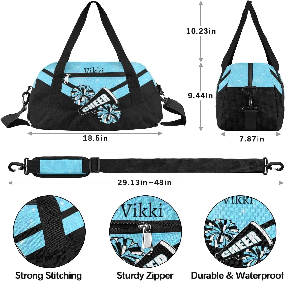 Custom Name Kids Duffel Bags for Girls Personalized Dance Gym Bag Customized Overnight Duffel Bag for Weekender Blue Glitter Cheer