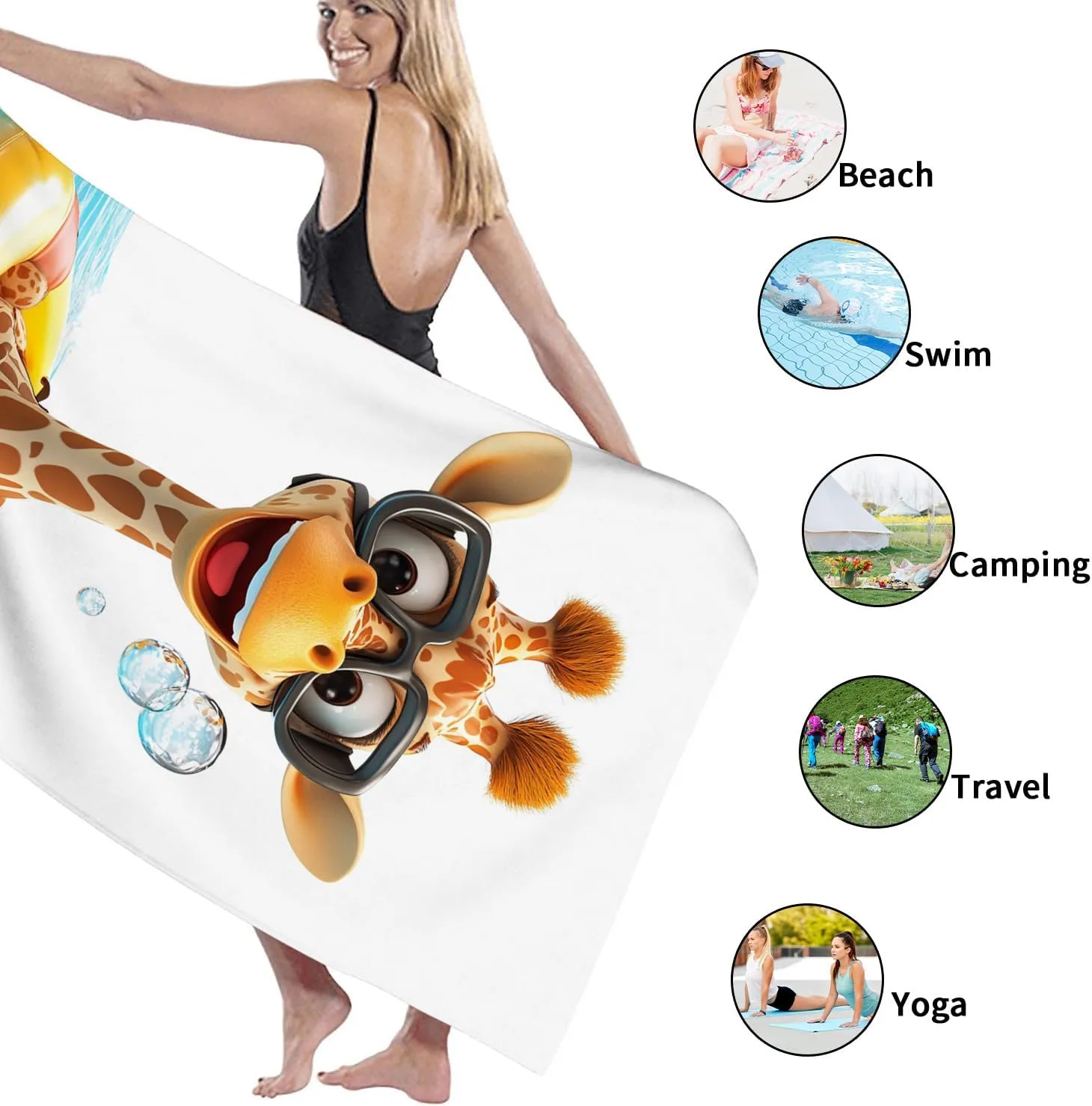 Cute Cartoon Giraffe Beach Towel Kids Fun Microfiber Towel, Quick Dry Absorbent Sand Free Lightweight Bath Towel, Swimming Pool Travel Picnic Essentials 62x31 Inch