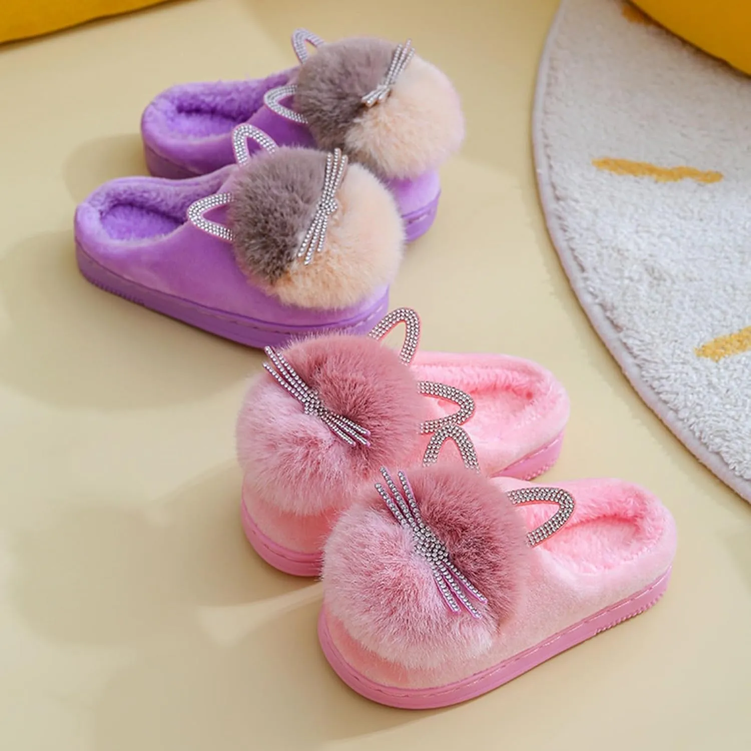 Cute Cat Slippers for Kids Warm Plush Winter Cotton Furry House Slipper Girls Boys Cartoon Shoes