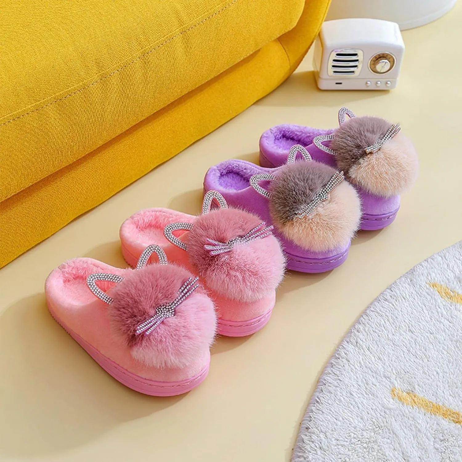 Cute Cat Slippers for Kids Warm Plush Winter Cotton Furry House Slipper Girls Boys Cartoon Shoes