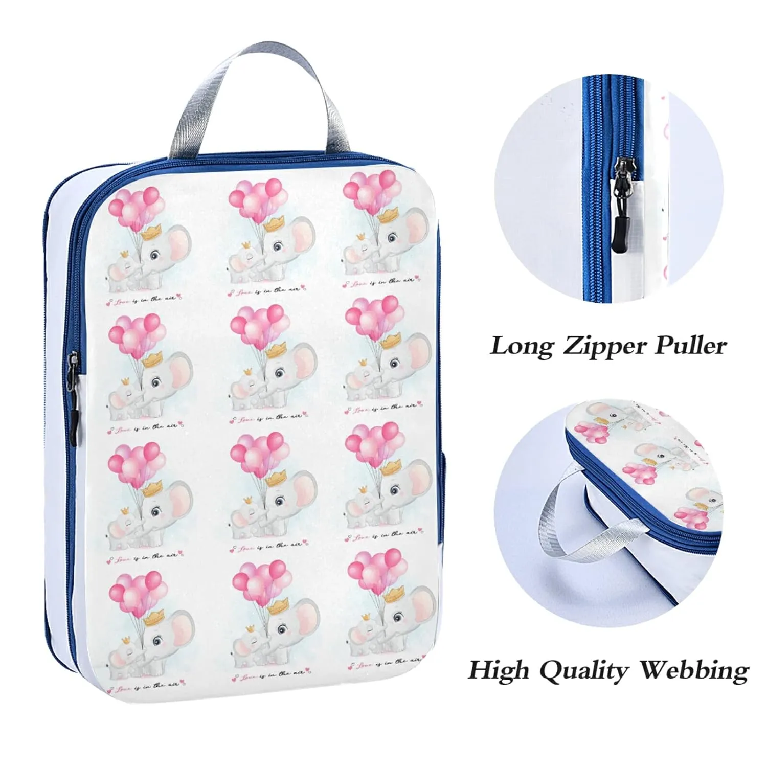 Cute Elephant Mother and Cub with Pink Balloons on White 3 Piece set Cubes Expandable Adjustable Luggage Packing Bags, Ultralight Organizer Accessories Travel Suitcase Compressible Bags