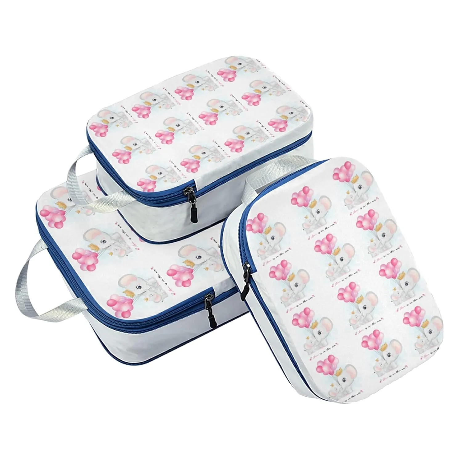 Cute Elephant Mother and Cub with Pink Balloons on White 3 Piece set Cubes Expandable Adjustable Luggage Packing Bags, Ultralight Organizer Accessories Travel Suitcase Compressible Bags