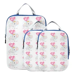 Cute Elephant Mother and Cub with Pink Balloons on White 3 Piece set Cubes Expandable Adjustable Luggage Packing Bags, Ultralight Organizer Accessories Travel Suitcase Compressible Bags