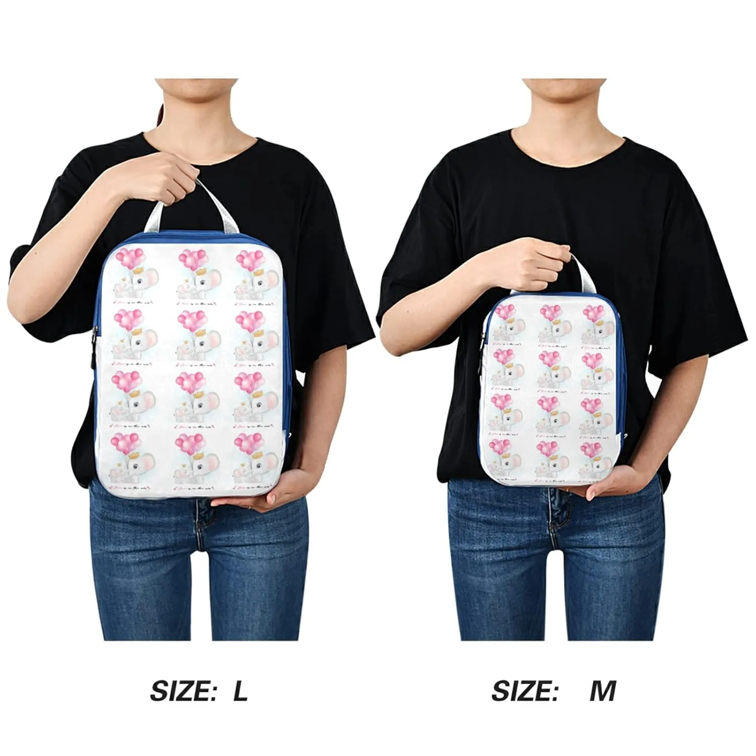 Cute Elephant Mother and Cub with Pink Balloons on White 3 Piece set Cubes Expandable Adjustable Luggage Packing Bags, Ultralight Organizer Accessories Travel Suitcase Compressible Bags