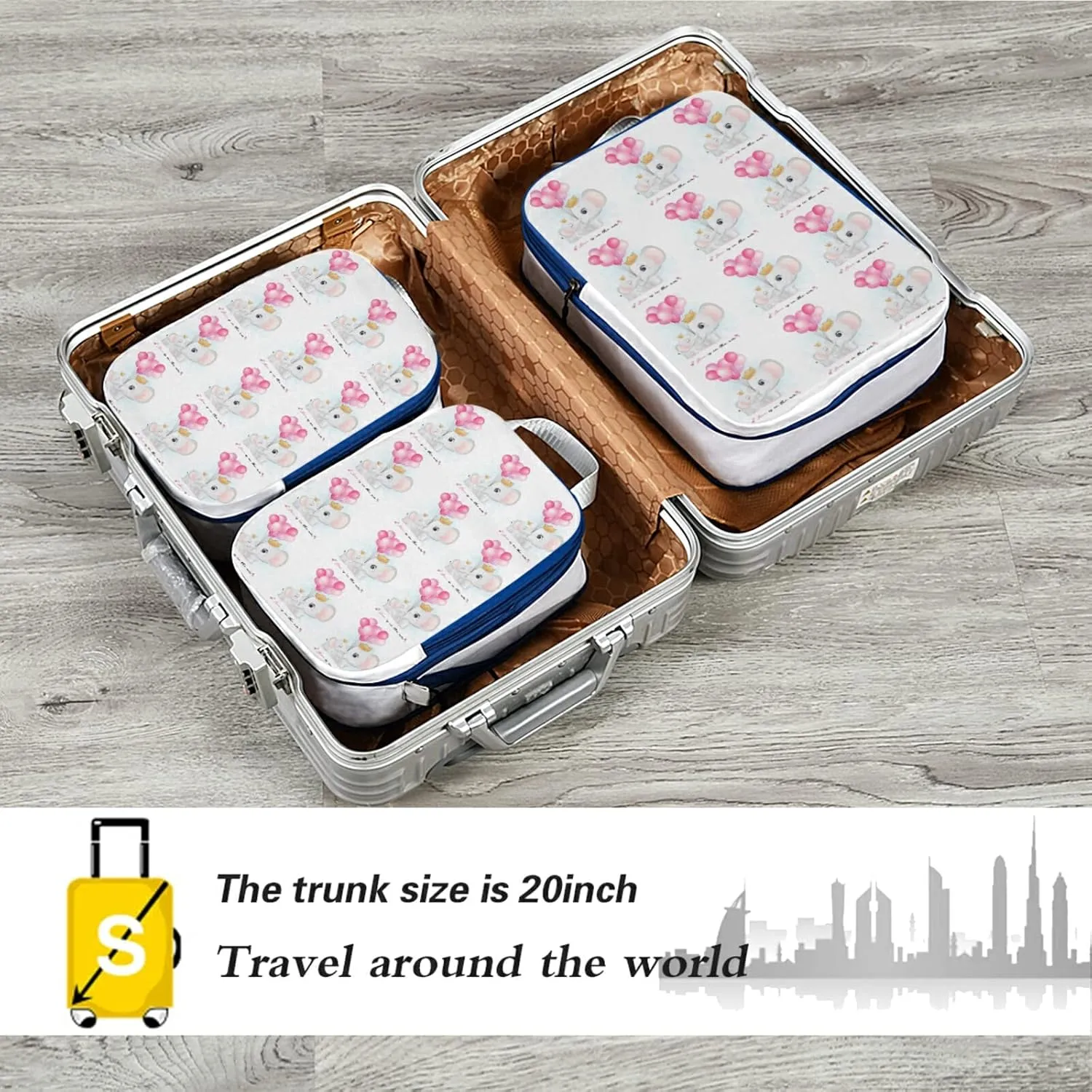 Cute Elephant Mother and Cub with Pink Balloons on White 3 Piece set Cubes Expandable Adjustable Luggage Packing Bags, Ultralight Organizer Accessories Travel Suitcase Compressible Bags