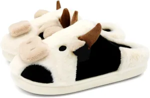Cute Fuzzy Cow Slippers for Women, Cartoon Plush Warm Cow Slippers for Girls Funny, Novelty and Soft Cotton Slippers, Women's Winter House Slippers Suitable for Indoor Bedroom Dormitory