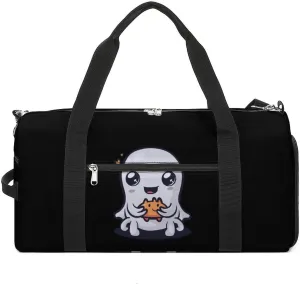 Cute Ghost Eating Crab Rangoon Halloween Sports Gym Bag for Men Women Travel Duffel Bag with Shoulder Strap