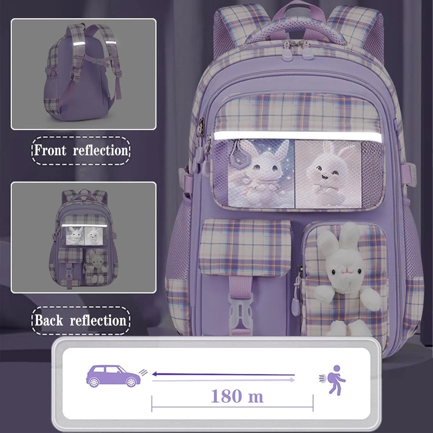 Cute Girls Backpack for Kids,Purple Cartoon Rabbit Backpack with Pencil Case 16.5 Inch Schoolbag for Kindergarten Elementary School