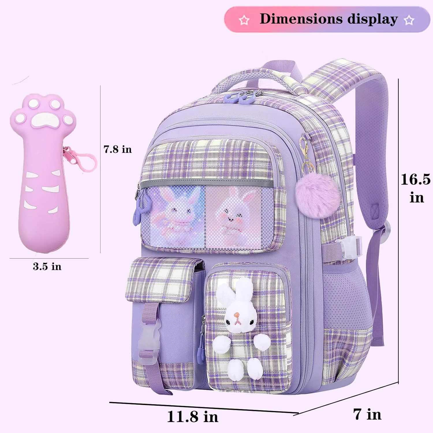 Cute Girls Backpack for Kids,Purple Cartoon Rabbit Backpack with Pencil Case 16.5 Inch Schoolbag for Kindergarten Elementary School