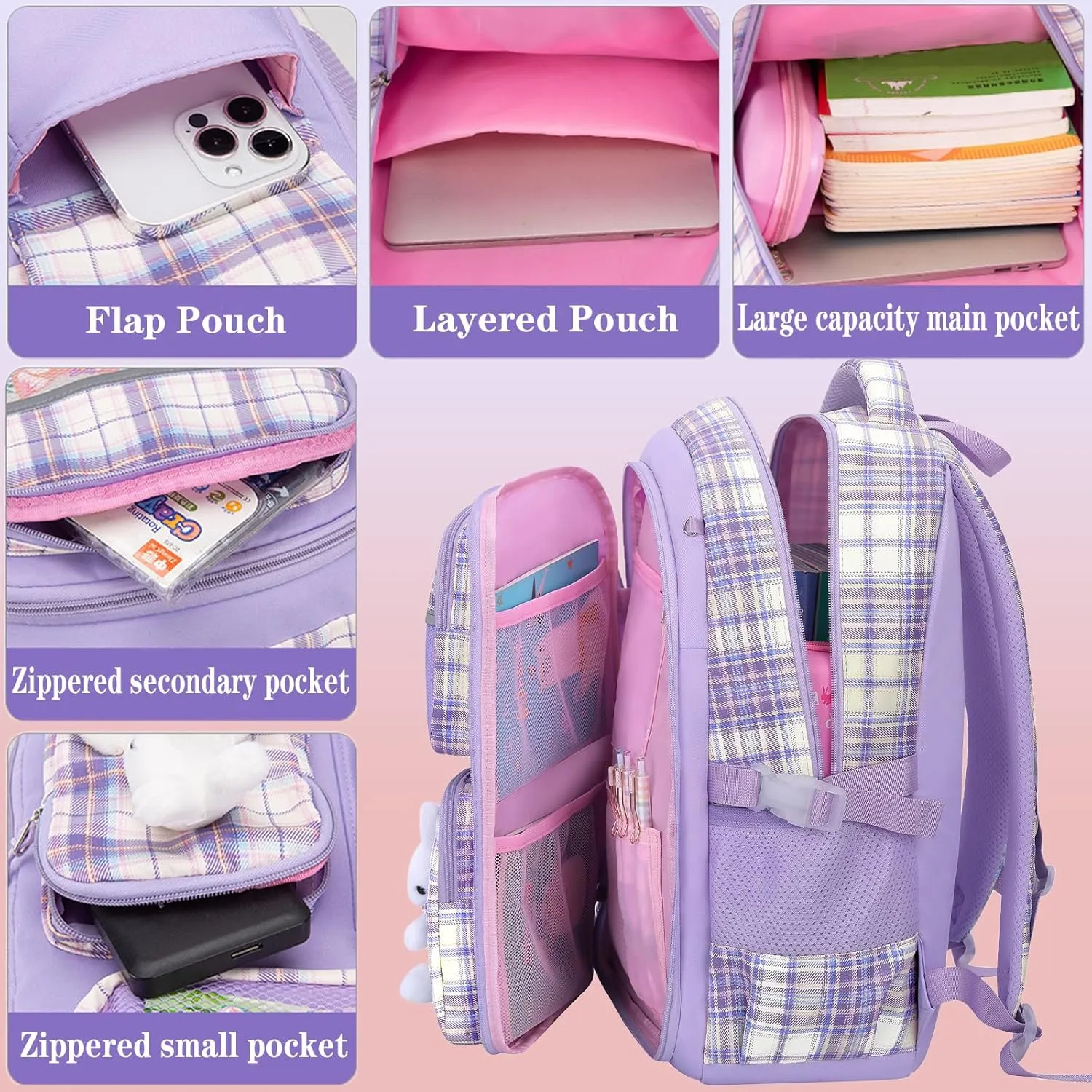 Cute Girls Backpack for Kids,Purple Cartoon Rabbit Backpack with Pencil Case 16.5 Inch Schoolbag for Kindergarten Elementary School