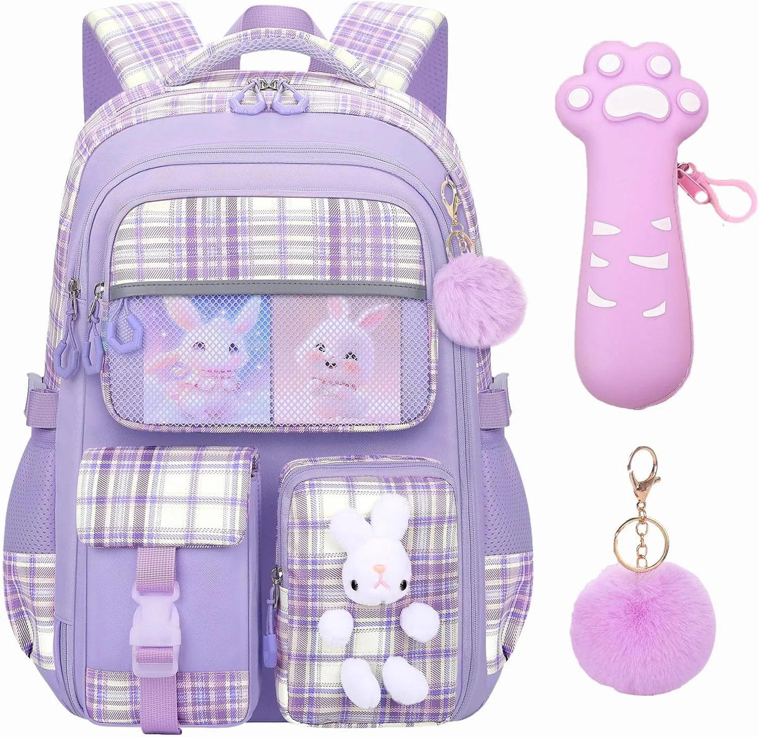 Cute Girls Backpack for Kids,Purple Cartoon Rabbit Backpack with Pencil Case 16.5 Inch Schoolbag for Kindergarten Elementary School
