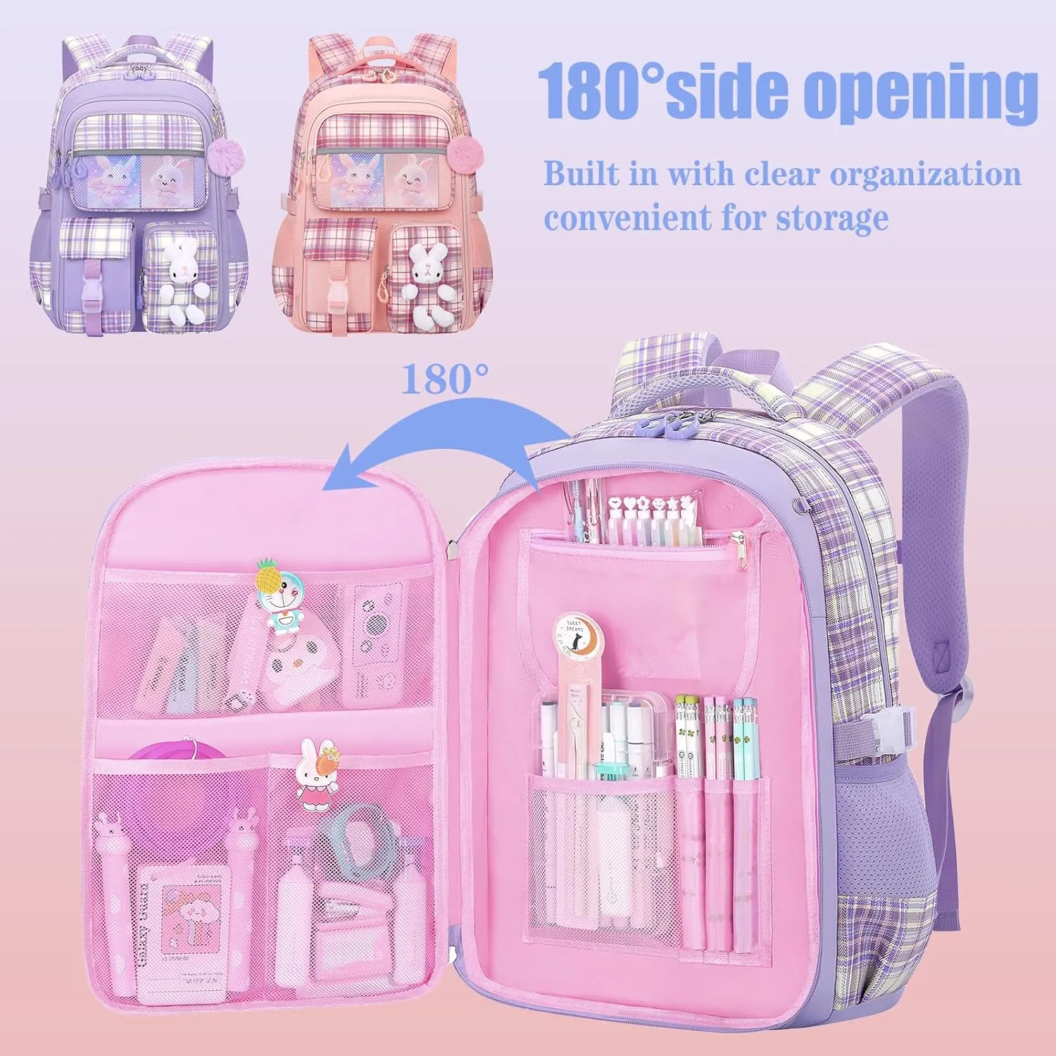 Cute Girls Backpack for Kids,Purple Cartoon Rabbit Backpack with Pencil Case 16.5 Inch Schoolbag for Kindergarten Elementary School