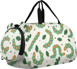 Cute Green Caterpillar Sports Duffle Bag for Girls Boys, Gym Bag with Shoe Compartment, Kids Travel Overnight Weekender Shoulder Bag