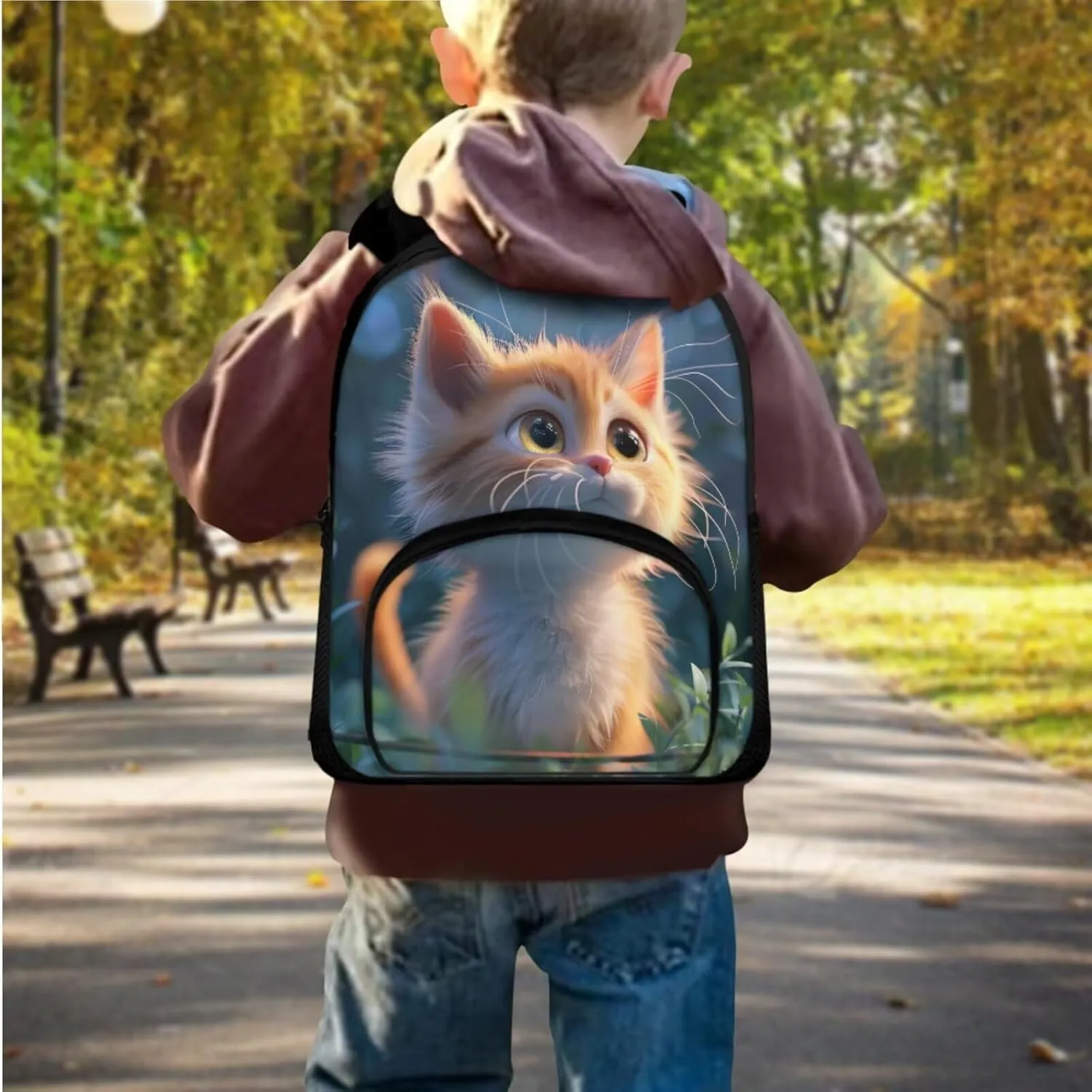 Cute Kitten Backpack for 1st Grade Boy Backpack and Lunch Box Set School Supplies Middle-School Elementary Bookbags Shoulder Bag with Adjustable Strap Durable and Lightweight,Easy To Clean