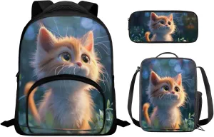 Cute Kitten Backpack for 1st Grade Boy Backpack and Lunch Box Set School Supplies Middle-School Elementary Bookbags Shoulder Bag with Adjustable Strap Durable and Lightweight,Easy To Clean