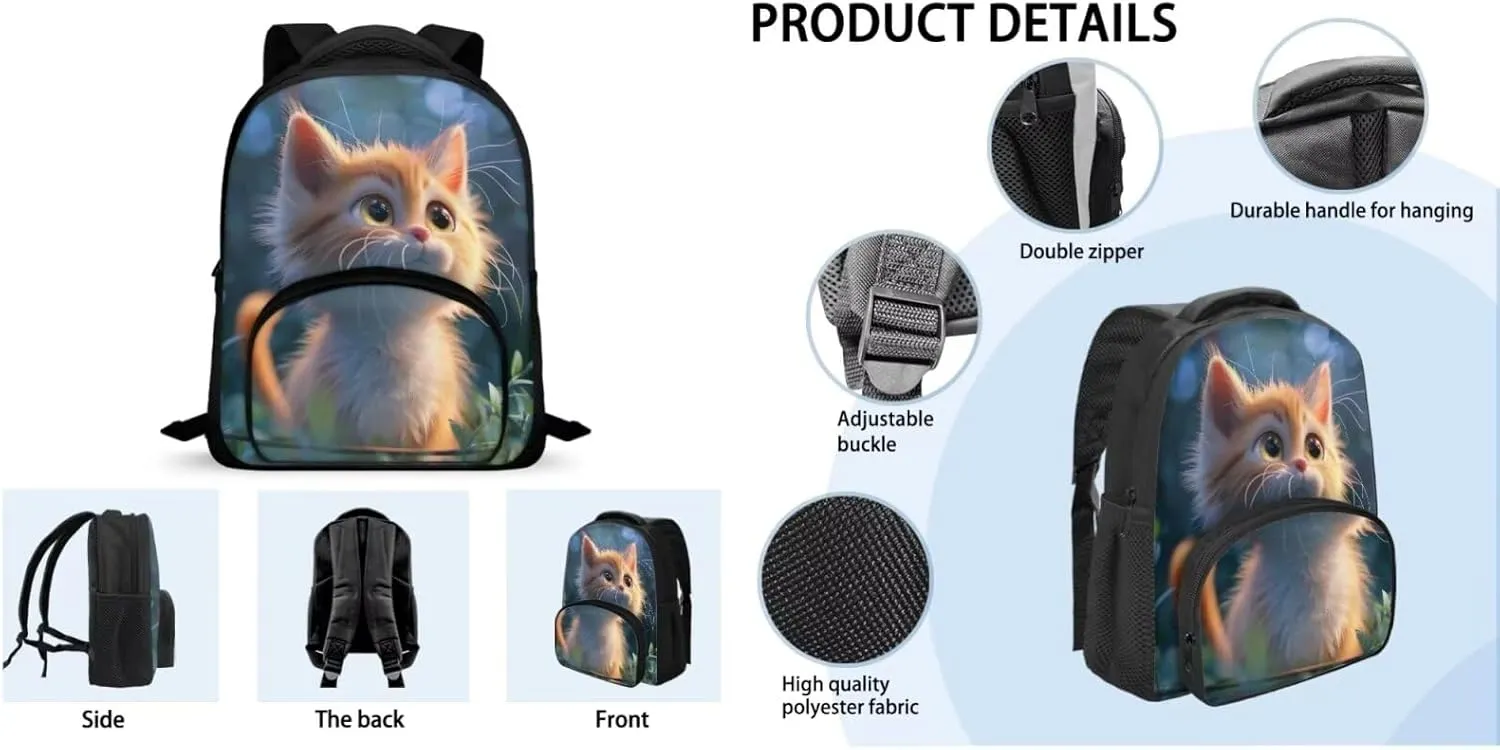 Cute Kitten Backpack for 1st Grade Boy Backpack and Lunch Box Set School Supplies Middle-School Elementary Bookbags Shoulder Bag with Adjustable Strap Durable and Lightweight,Easy To Clean