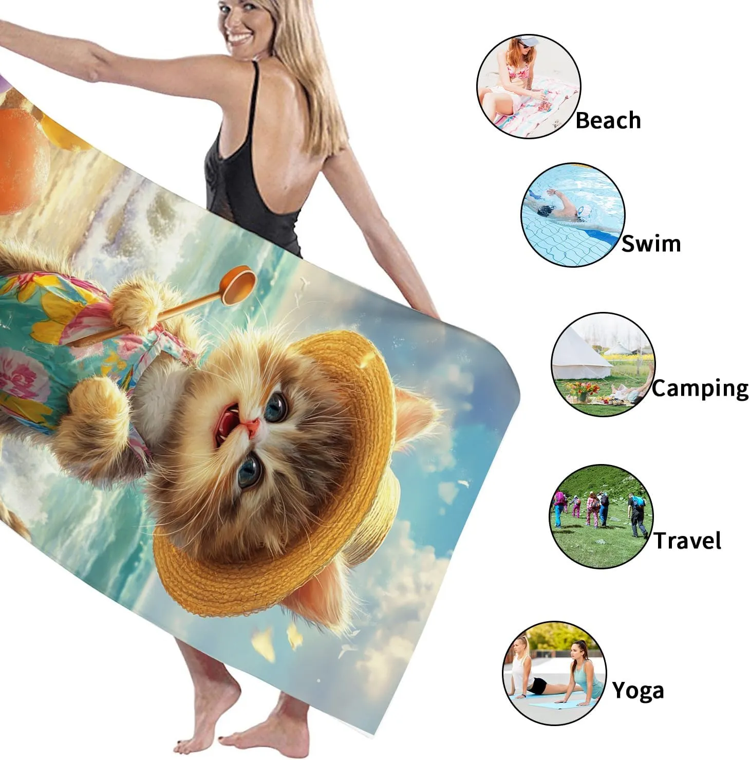 Cute Kitty Beach Towel Microfiber Extra Large Cat Design Sand Free Quick Dry Absorbent [Soft] Lightweight Pool Towel, Travel Essentials Picnic Camping 70x35 Inch