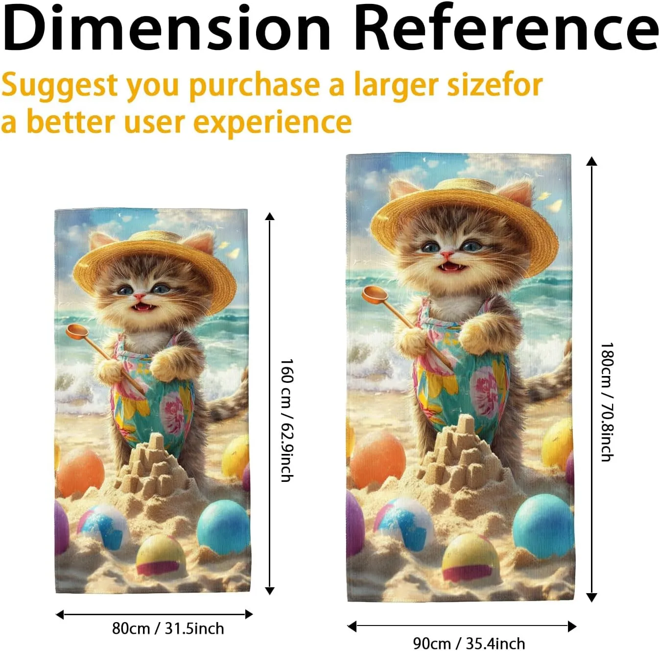 Cute Kitty Beach Towel Microfiber Extra Large Cat Design Sand Free Quick Dry Absorbent [Soft] Lightweight Pool Towel, Travel Essentials Picnic Camping 70x35 Inch