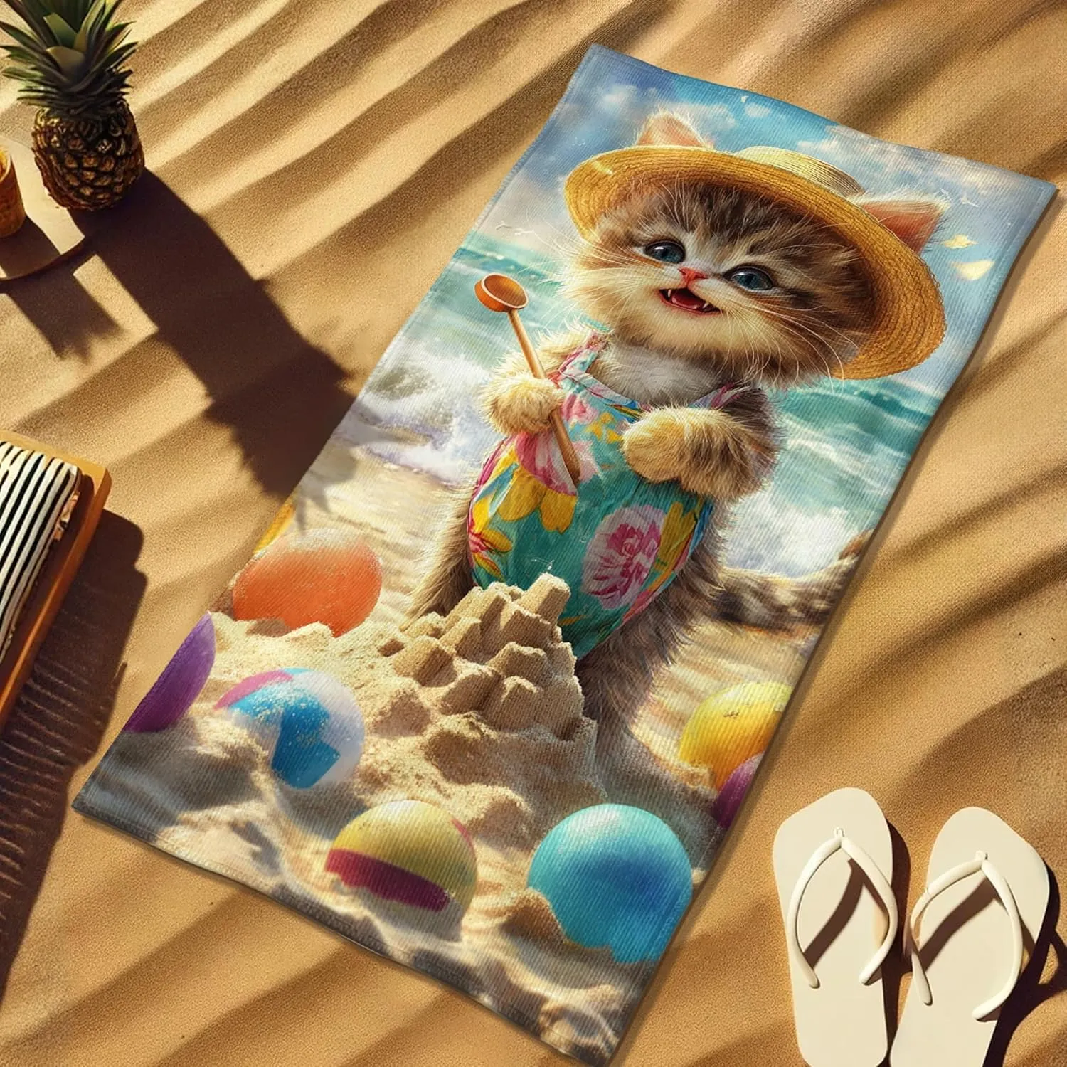 Cute Kitty Beach Towel Microfiber Extra Large Cat Design Sand Free Quick Dry Absorbent [Soft] Lightweight Pool Towel, Travel Essentials Picnic Camping 70x35 Inch