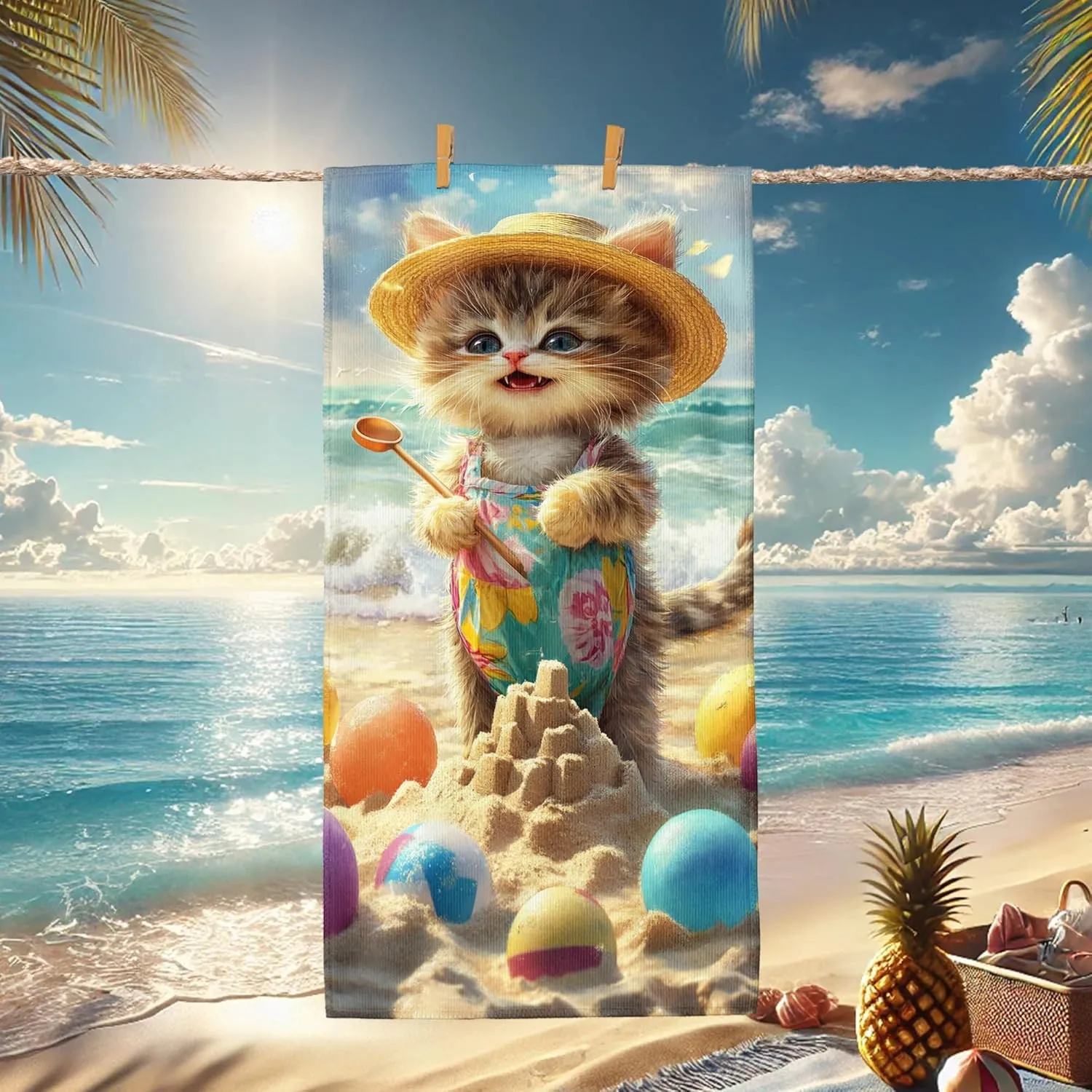 Cute Kitty Beach Towel Microfiber Extra Large Cat Design Sand Free Quick Dry Absorbent [Soft] Lightweight Pool Towel, Travel Essentials Picnic Camping 70x35 Inch