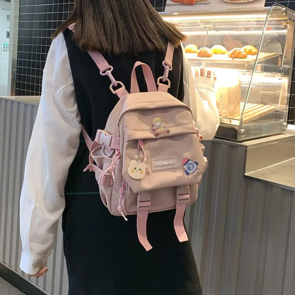 Cute Mini Aesthetic Backpack with Pin Accessories and Plush Pendant for School