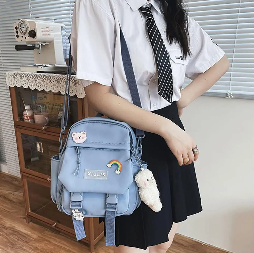 Cute Mini Backpack with Cute Pin Accessories Plush Pendant for School (Blue)