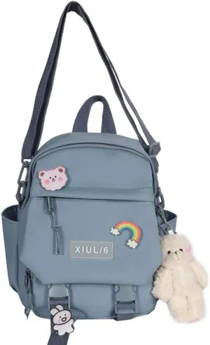 Cute Mini Backpack with Cute Pin Accessories Plush Pendant for School (Blue)