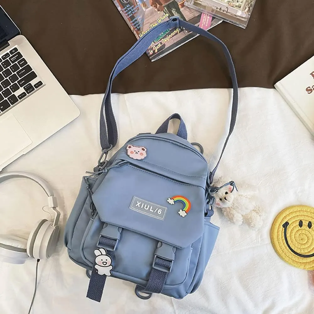 Cute Mini Backpack with Cute Pin Accessories Plush Pendant for School (Blue)