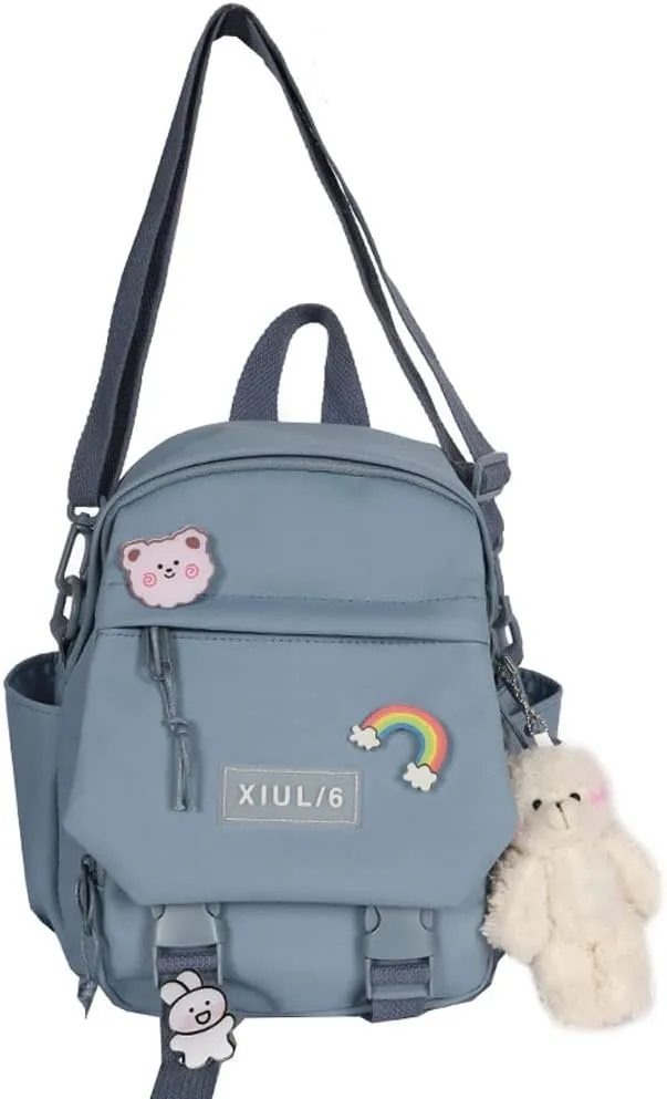 Cute Mini Backpack with Cute Pin Accessories Plush Pendant for School (Blue)