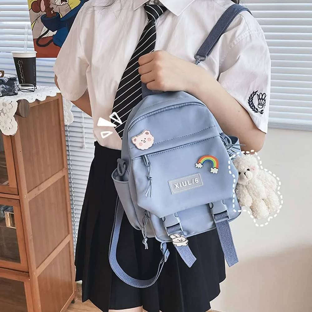 Cute Mini Backpack with Cute Pin Accessories Plush Pendant for School (Blue)