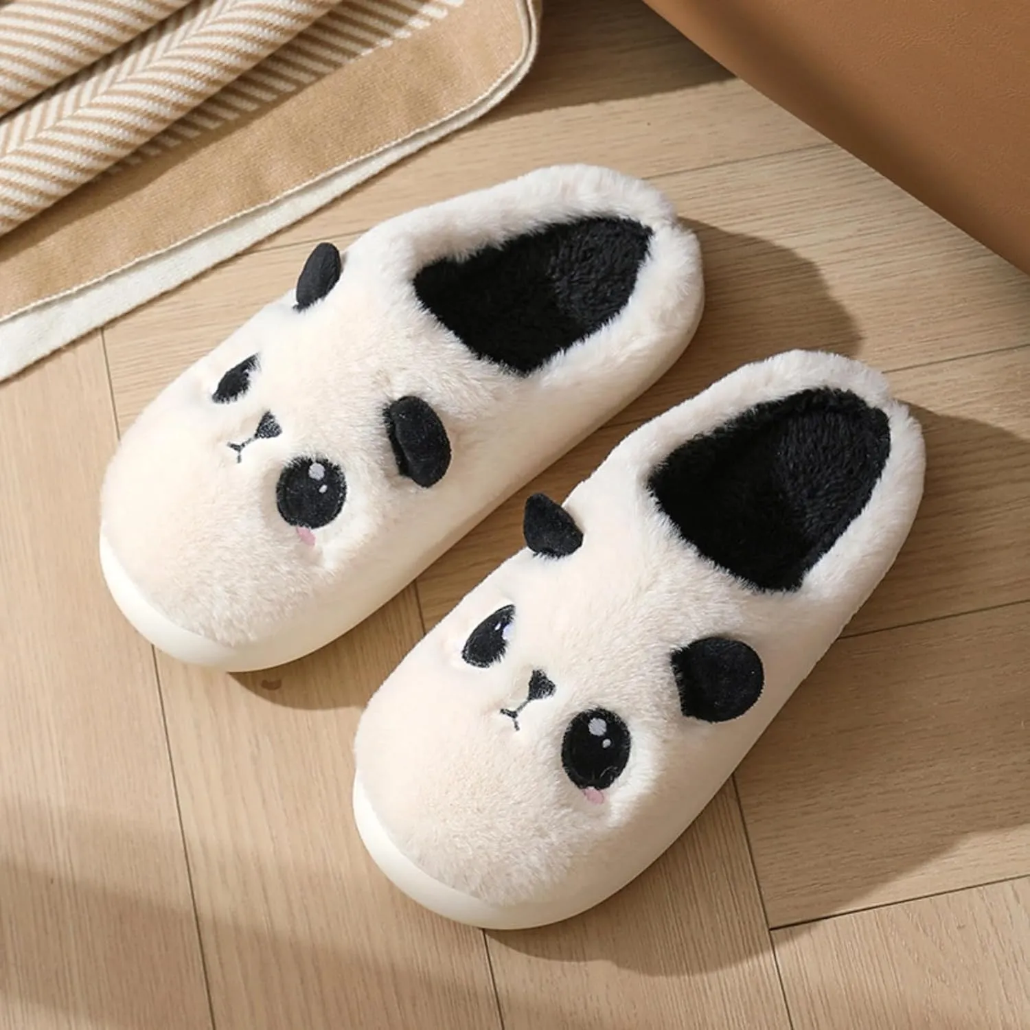 Cute Panda House Slippers Cartoon Indoor Breathable Linen Couple Home Slides Winter Warm Plush Cozy Cotton Shoes Thick Soled Comfy Bedroom Slipper