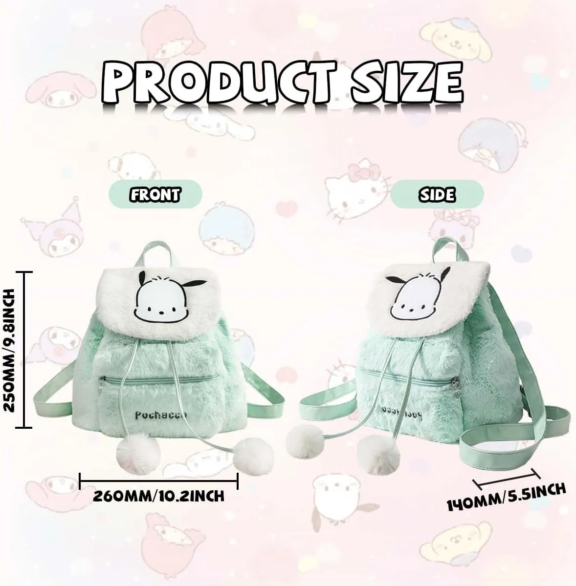 Cute Plush Backpack Cartoon Drawstring Girls School Bag Kawaii Casual Women’s Backpack(Green-Poch)