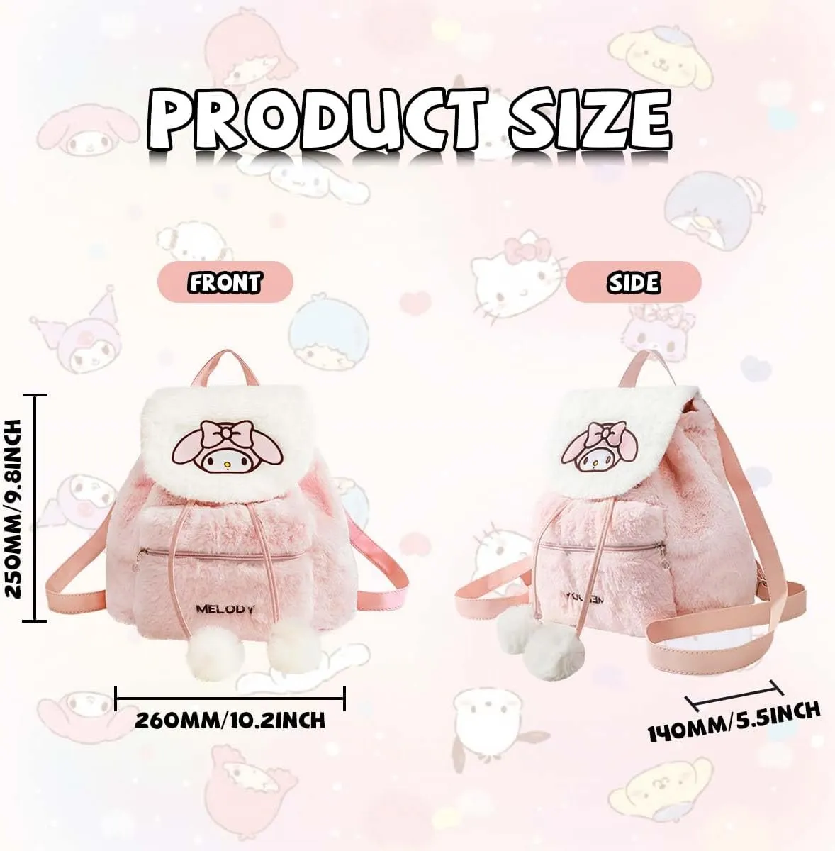Cute Plush Backpack Cartoon Drawstring Girls School Bag Kawaii Casual Women’s Backpack(Pink-Melo)