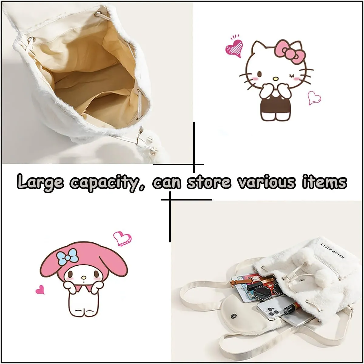 Cute Plush Backpack Cartoon Drawstring Girls School Bag Kawaii Casual Women’s Backpack(Pink-Melo)