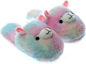Cute Rainbow Llama Plush Slippers | Alpaca Plush Home Shoes | Fluffy Girls Slippers