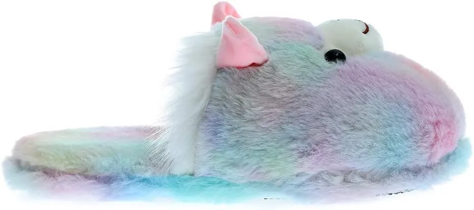 Cute Rainbow Llama Plush Slippers | Alpaca Plush Home Shoes | Fluffy Girls Slippers