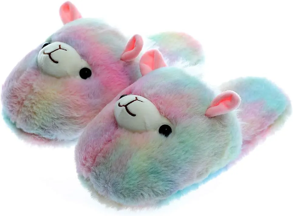 Cute Rainbow Llama Plush Slippers | Alpaca Plush Home Shoes | Fluffy Girls Slippers