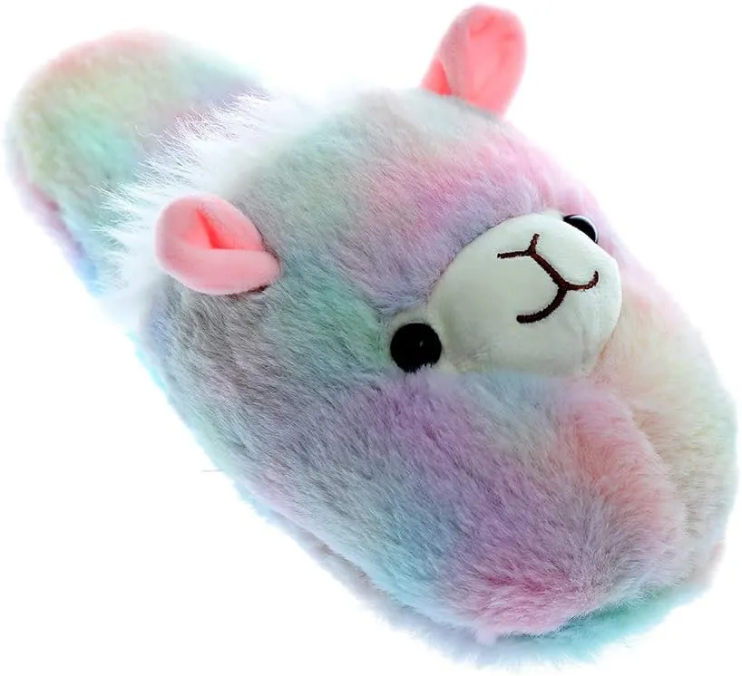 Cute Rainbow Llama Plush Slippers | Alpaca Plush Home Shoes | Fluffy Girls Slippers
