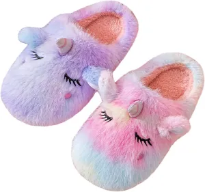 Cute Rainbow Unicorn Slippers for Women,Fluffy Winter Warm Plush Colorful Unicorn Slippers Home Shoes