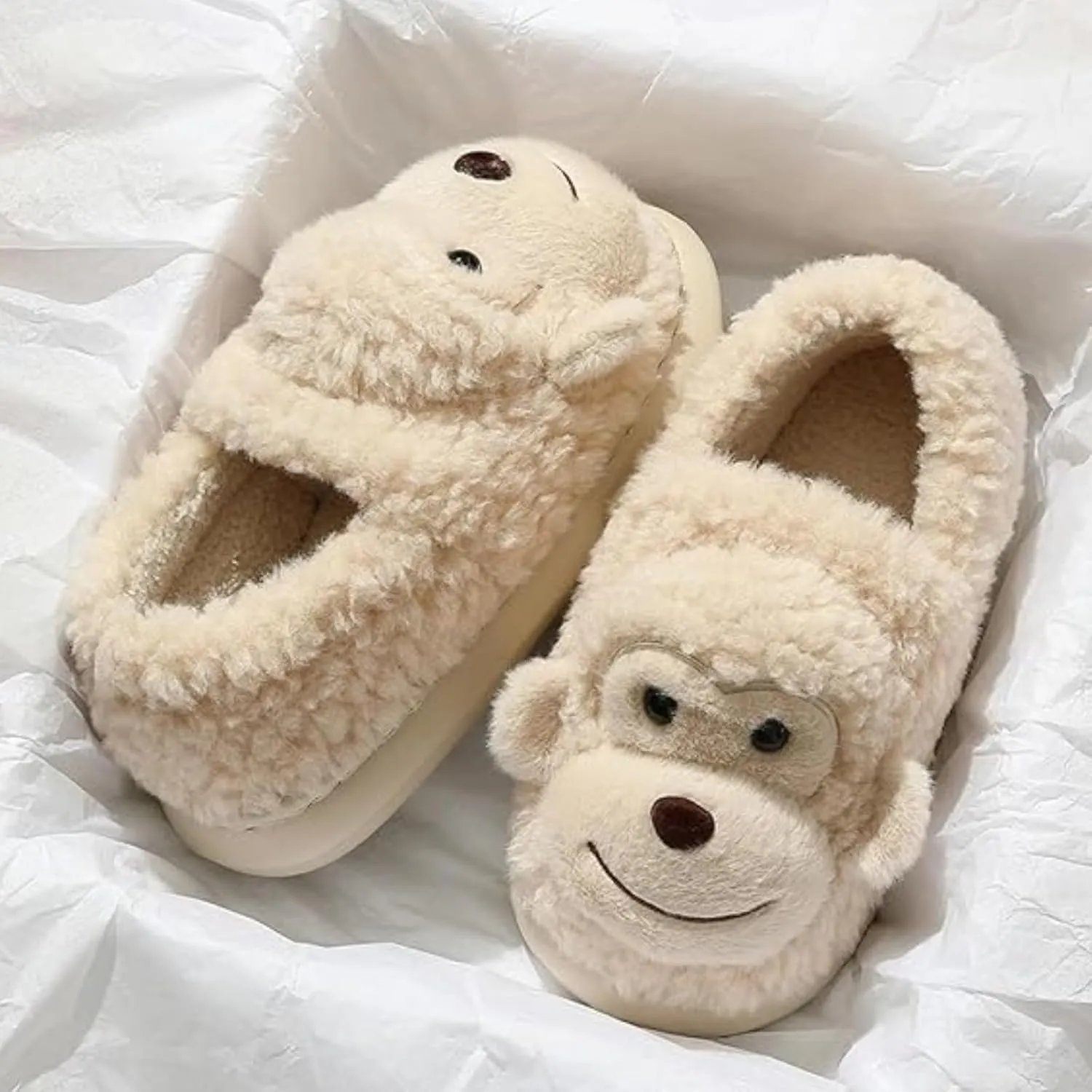 Cute Warm Non-slip Fuzzy Monkey House Slippers for Women & Men - Winter Cartoon Fuzzy Cotton Shoes
