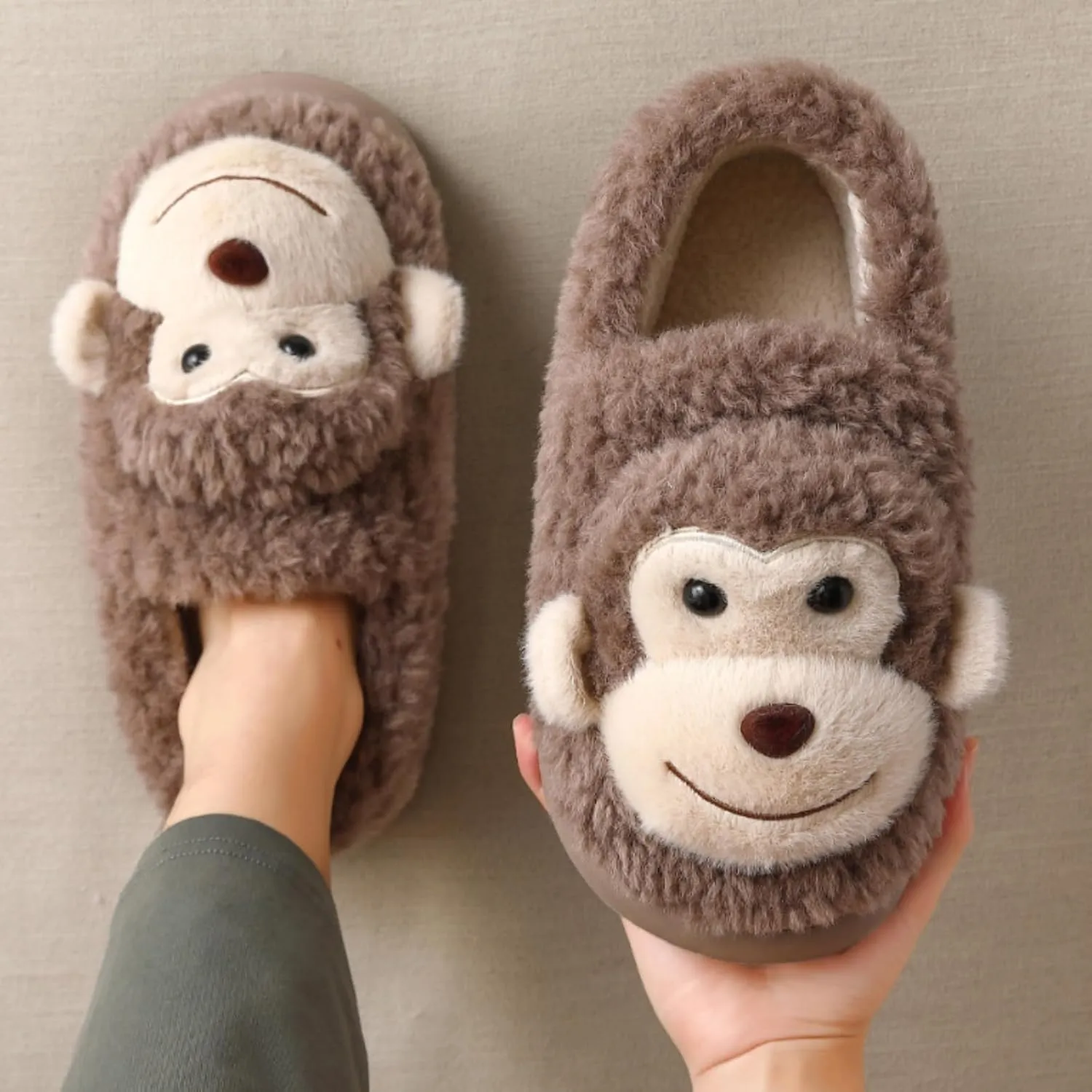 Cute Warm Non-slip Fuzzy Monkey House Slippers for Women & Men - Winter Cartoon Fuzzy Cotton Shoes