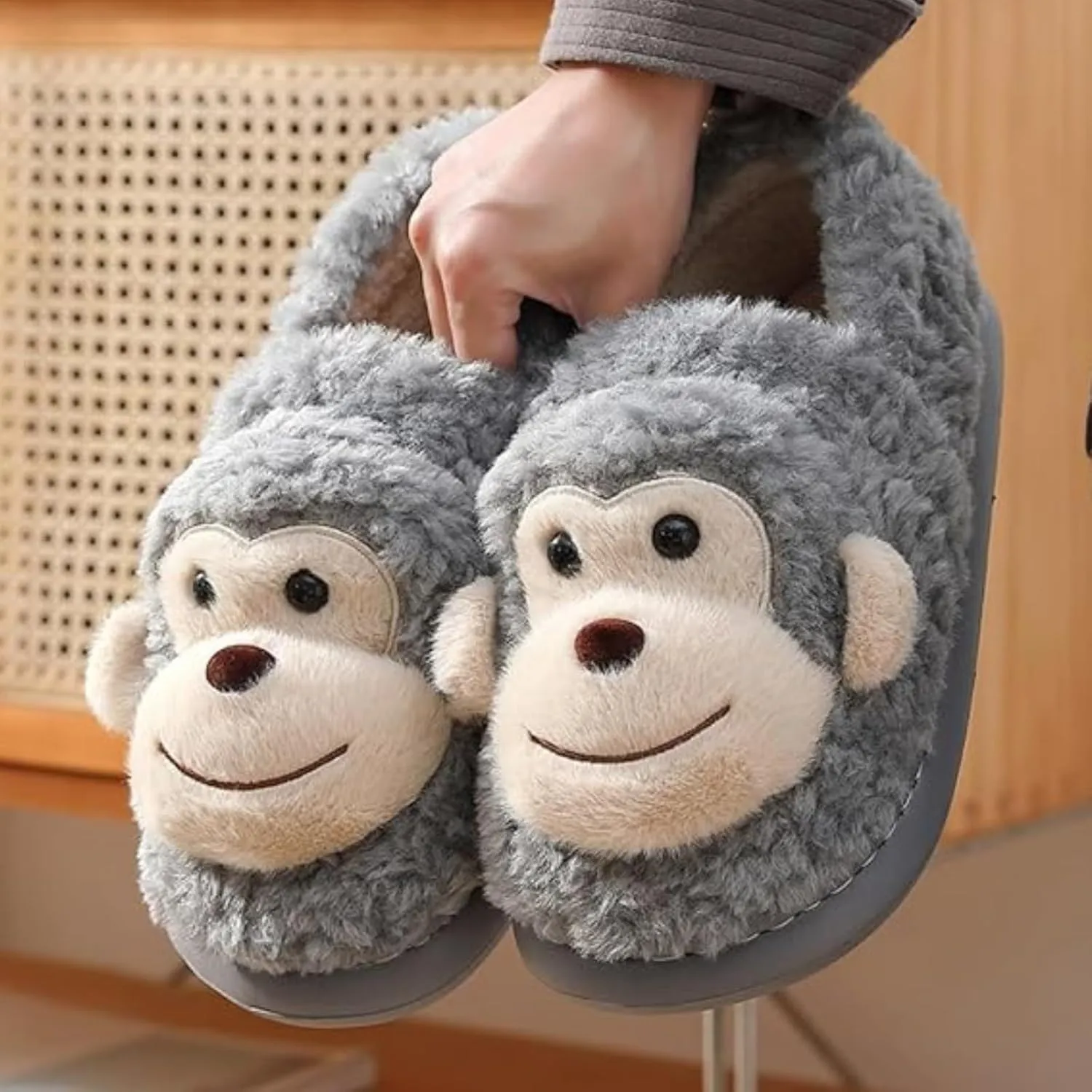 Cute Warm Non-slip Fuzzy Monkey House Slippers for Women & Men - Winter Cartoon Fuzzy Cotton Shoes