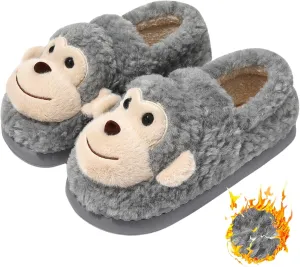 Cute Warm Non-slip Fuzzy Monkey House Slippers for Women & Men - Winter Cartoon Fuzzy Cotton Shoes