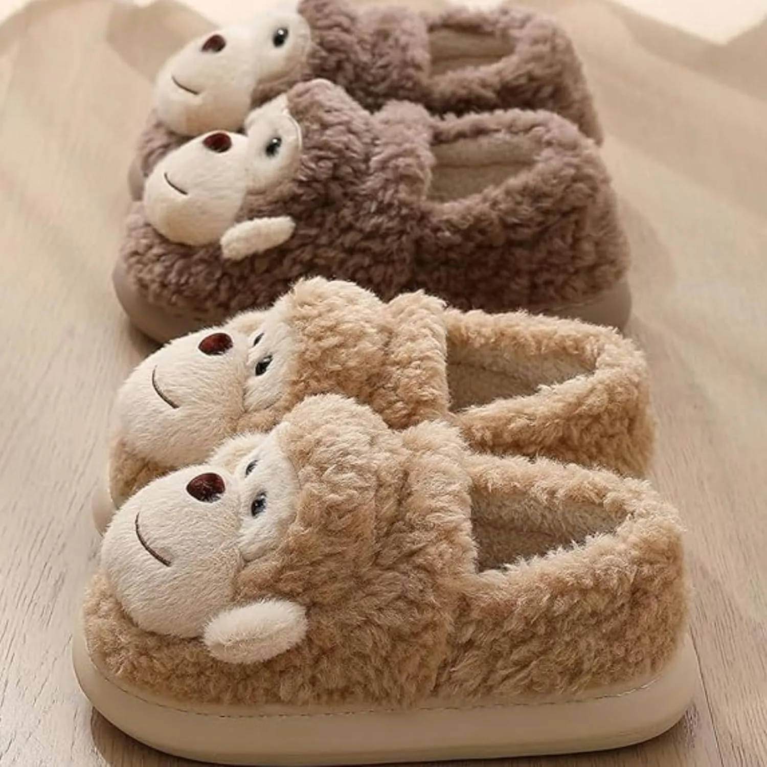 Cute Warm Non-slip Fuzzy Monkey House Slippers for Women & Men - Winter Cartoon Fuzzy Cotton Shoes