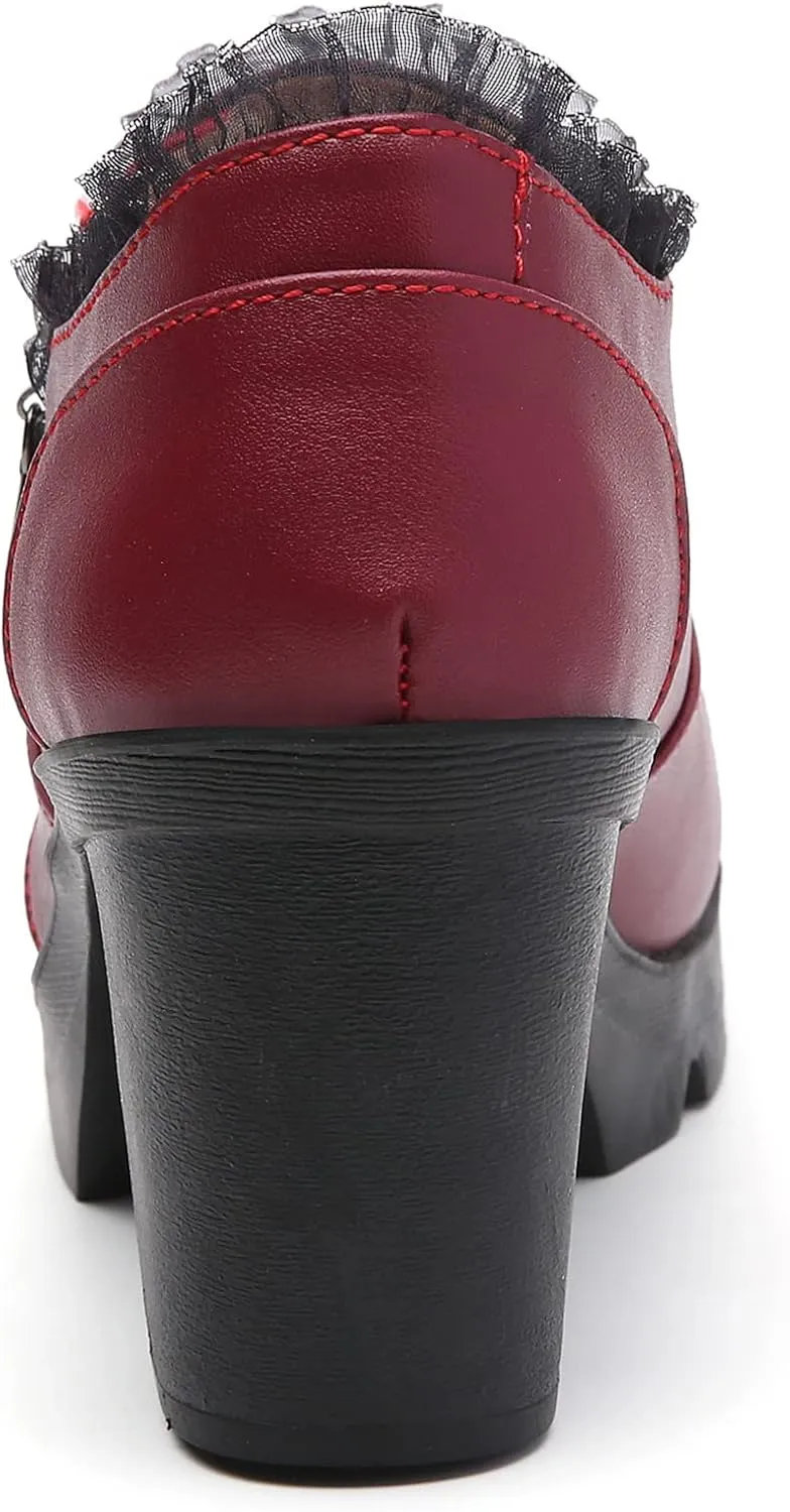 DADAWEN Women's Casual Zipper Lace Platform Mid-Heel Square Toe Oxfords Dress Shoes